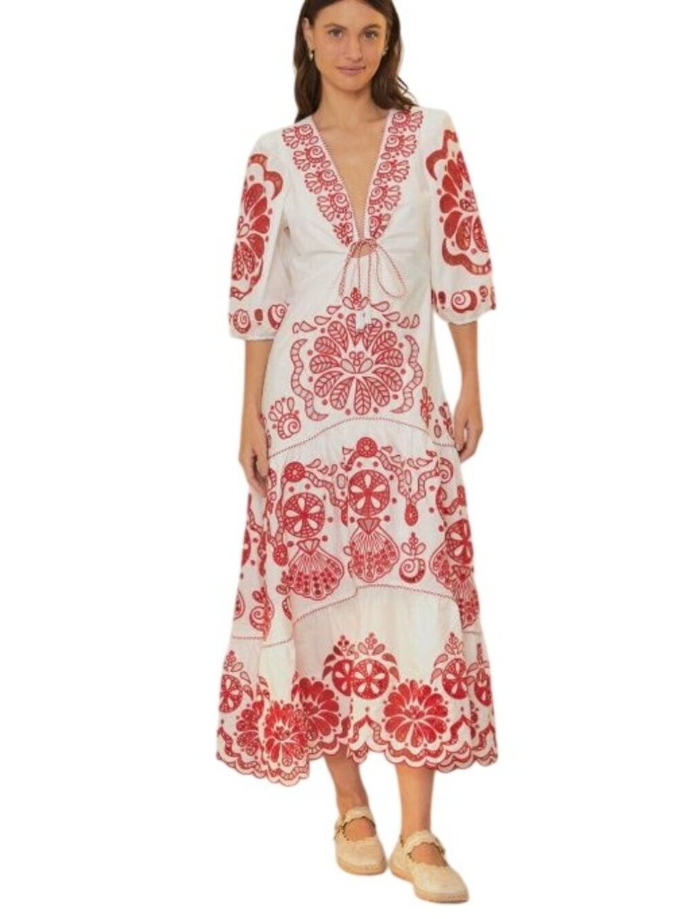 New Farm Rio Embroidered Maxi Dress Red Richelieu Floral Size Small